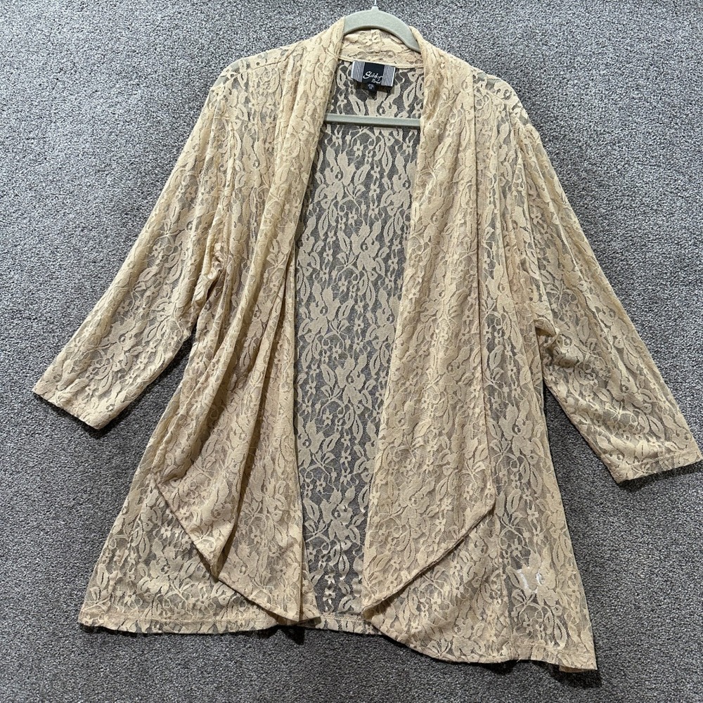 Slinky Brand Womens 1X Beige Floral Lace Open Cardigan Draped 3/4 Sleeve USA